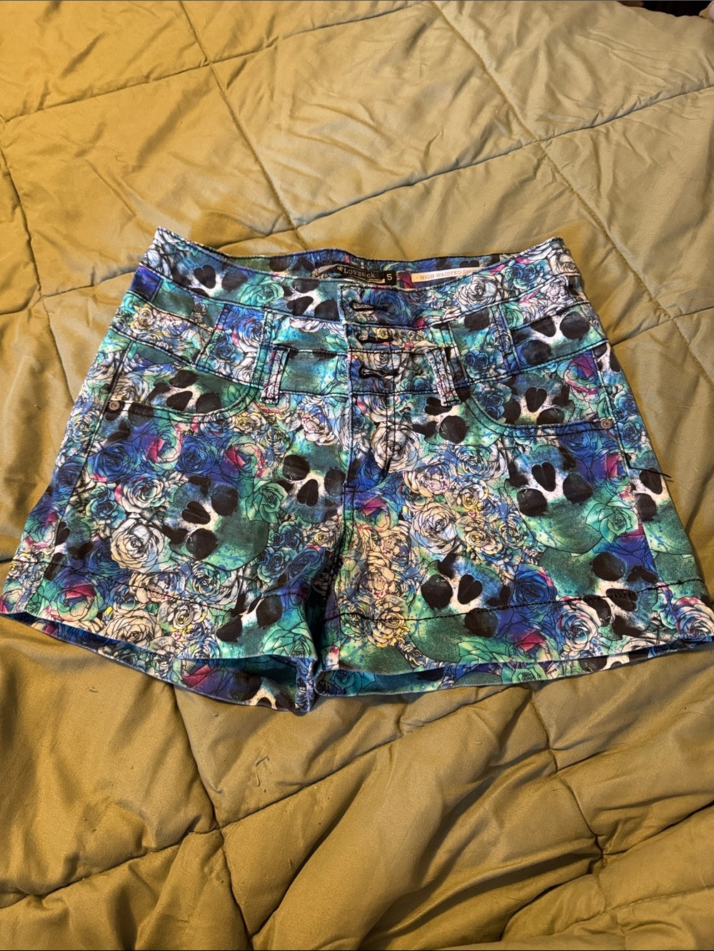 Lovesick Teal Floral & Skull Print Jean Shorts